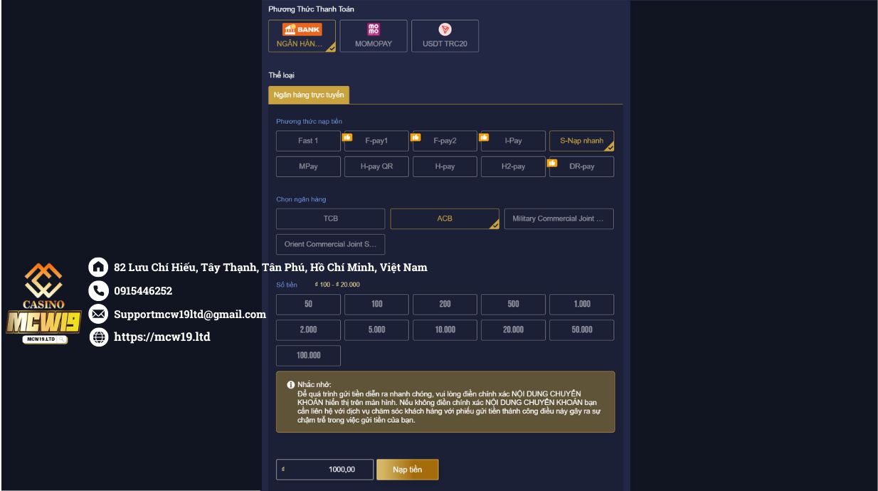 Nạp Tiền Vào Tài khoản Mcw19